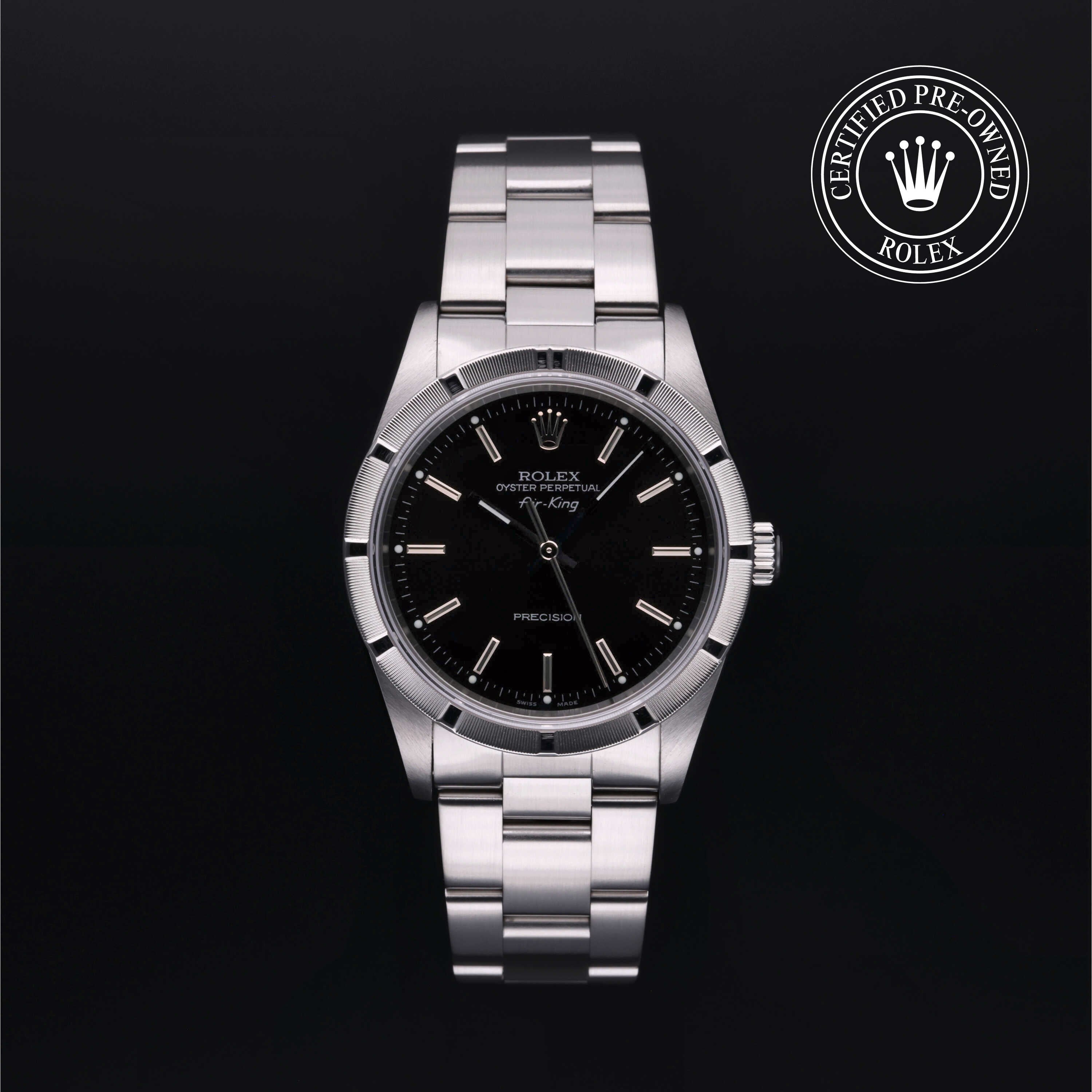 Rolex Certified Pre-owned Air-King M14010M-0012 front on black background