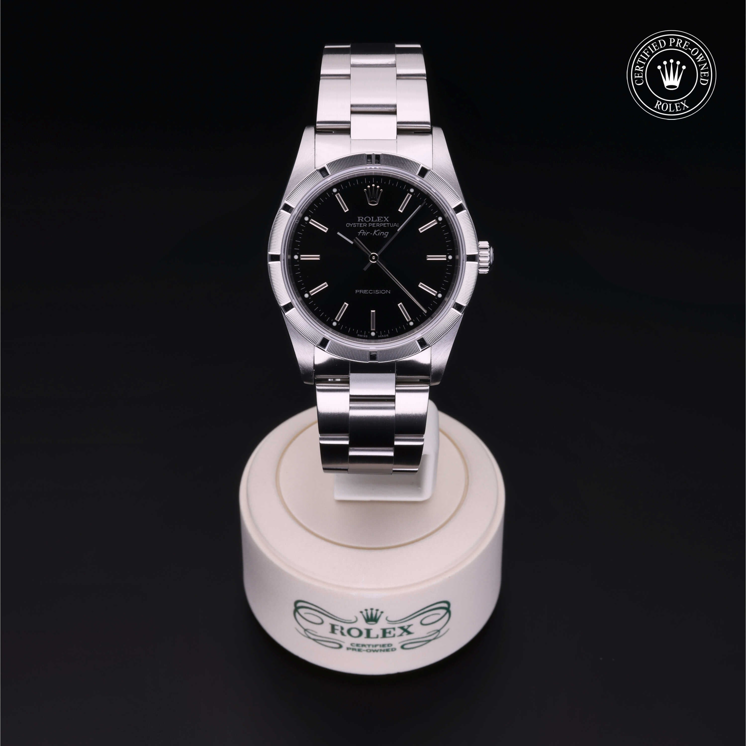 Rolex Certified Pre-owned Air-King M14010M-0012 front on black background