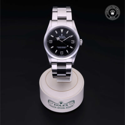 Rolex Certified Pre-owned Explorer M114270-0002 front on black background