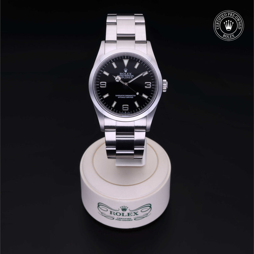 Rolex Certified Pre-owned Explorer M114270-0002 front on black background