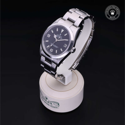Rolex Certified Pre-owned Explorer M114270-0002 front on black background