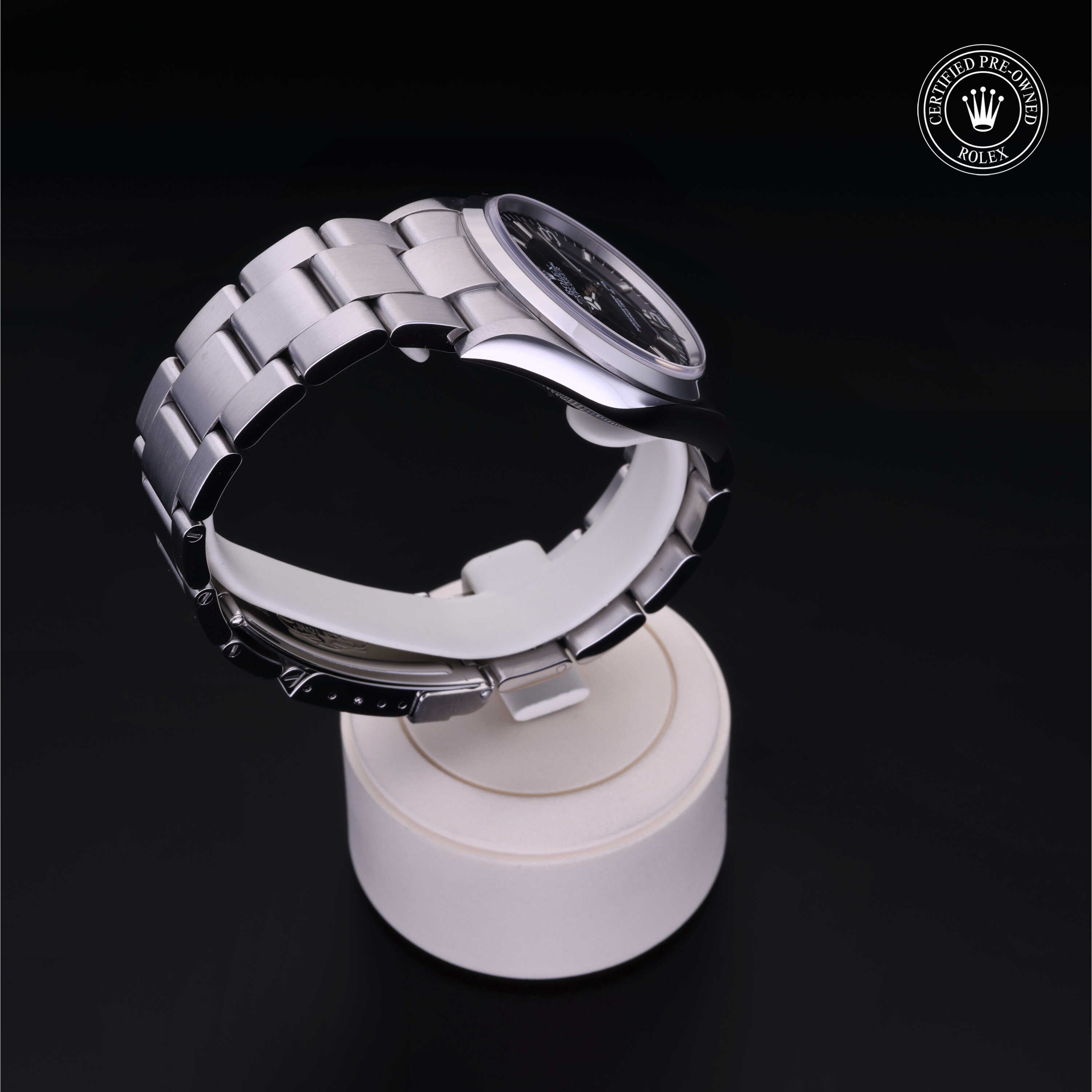 Rolex Certified Pre-owned Explorer M114270-0002 front on black background
