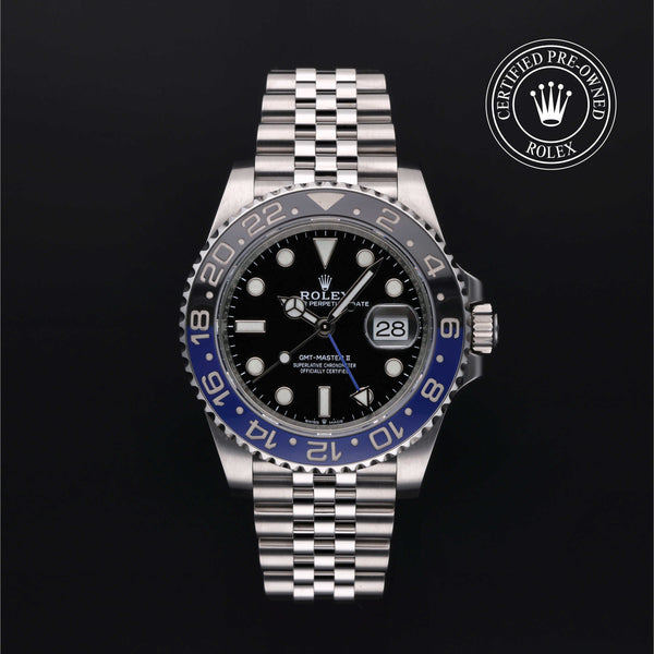 Rolex Certified Pre-owned GMT II M126710BLNR-0002 front on black background