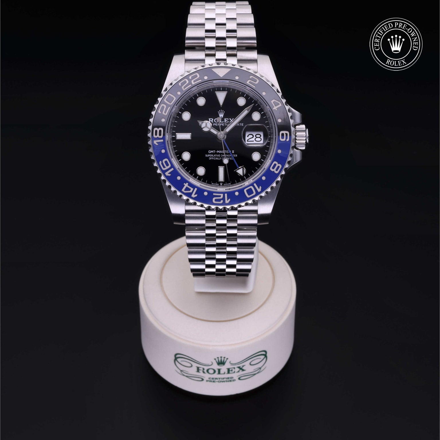 Rolex Certified Pre-owned GMT II M126710BLNR-0002 front on black background