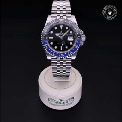 Rolex Certified Pre-owned GMT II M126710BLNR-0002 front on black background