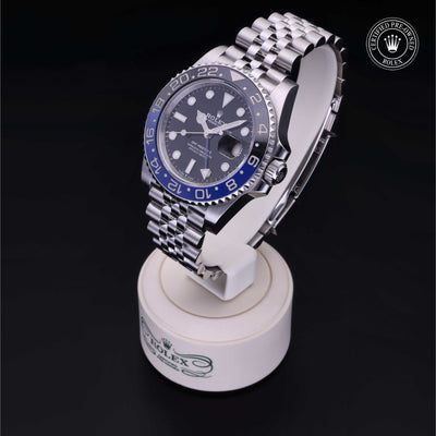 Rolex Certified Pre-owned GMT II M126710BLNR-0002 front on black background