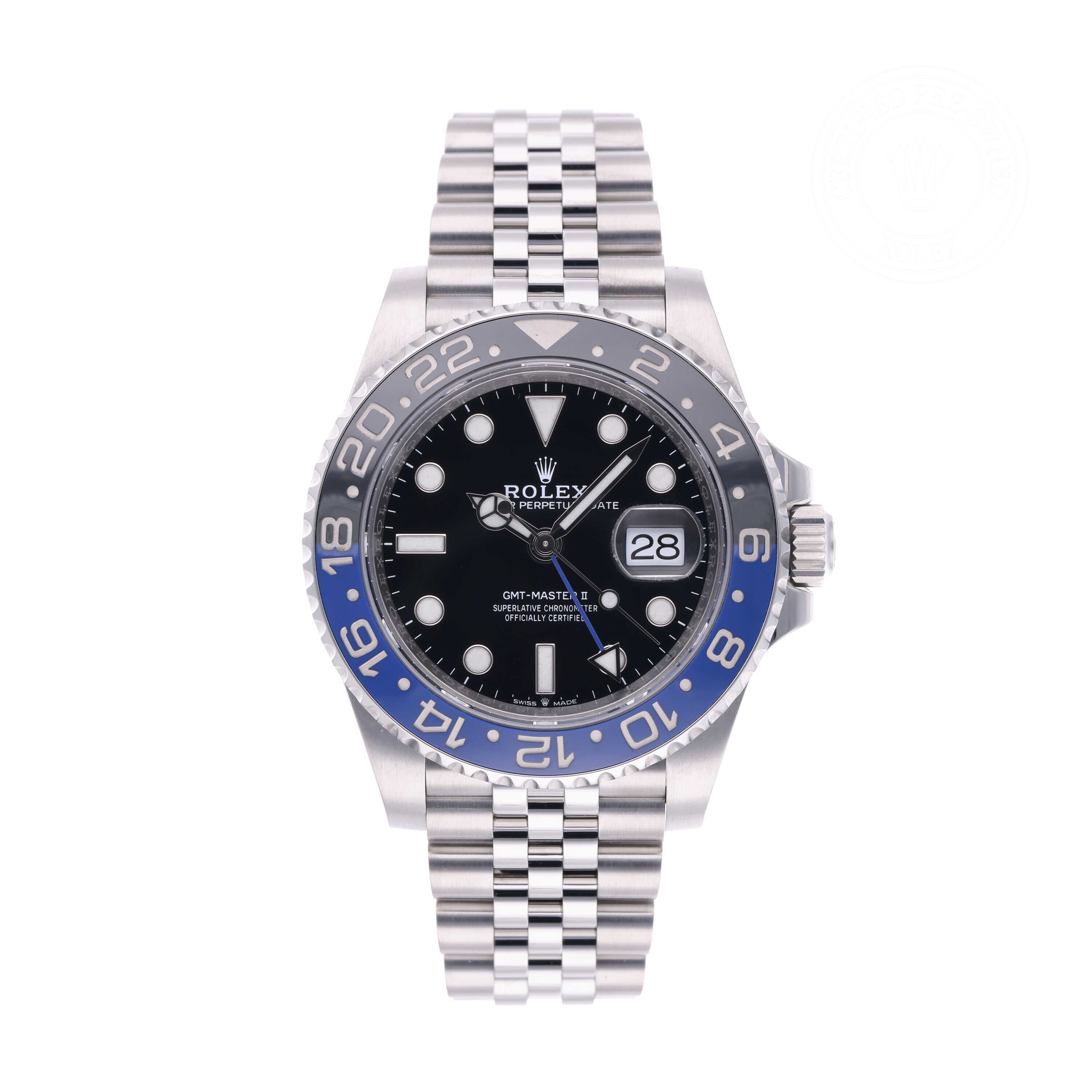 Rolex Certified Pre-owned GMT II M126710BLNR-0002 front on white background