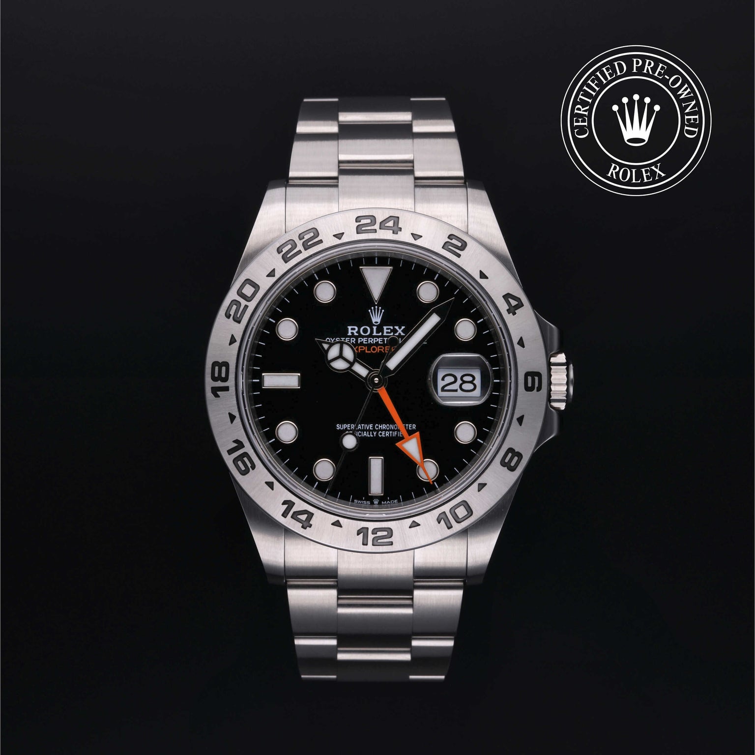 Rolex Certified Pre-owned Explorer M226570-0002 front on black background