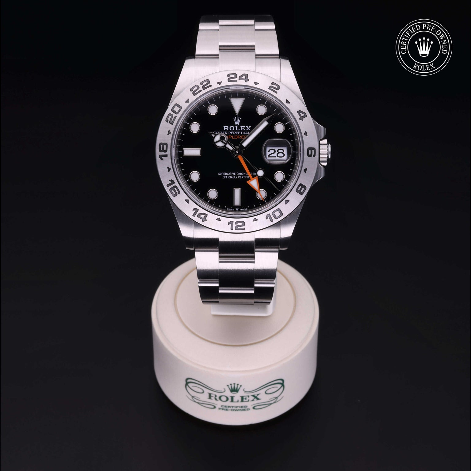 Rolex Certified Pre-owned Explorer M226570-0002 front on black background