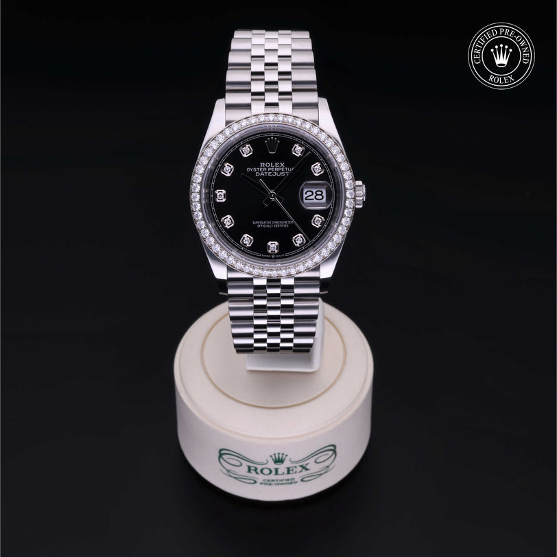 Rolex Certified Pre-owned Datejust M126284RBR-0019 front on black background