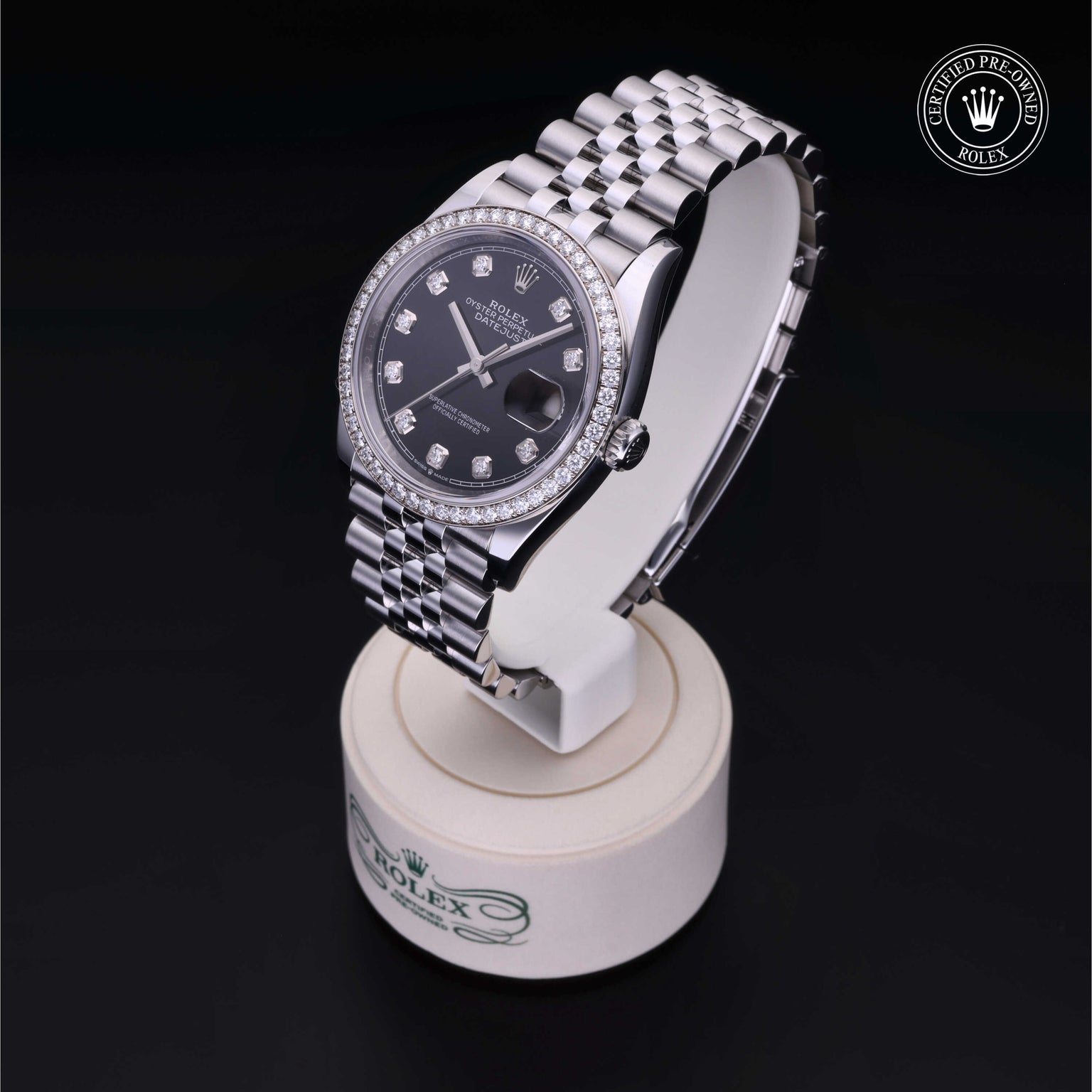 Rolex Certified Pre-owned Datejust M126284RBR-0019 front on black background