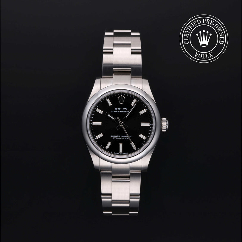 Rolex Certified Pre-owned Oyster Perpetual M277200-0002 front on black background