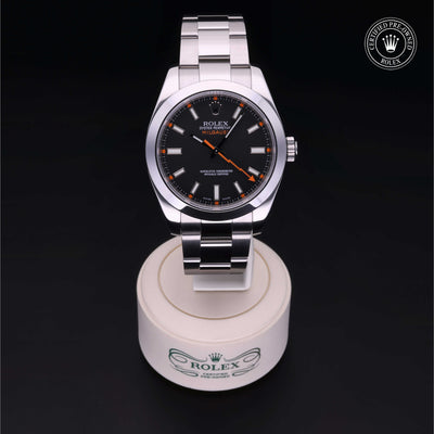Rolex Certified Pre-owned Milgauss M116400-0001 front on black background