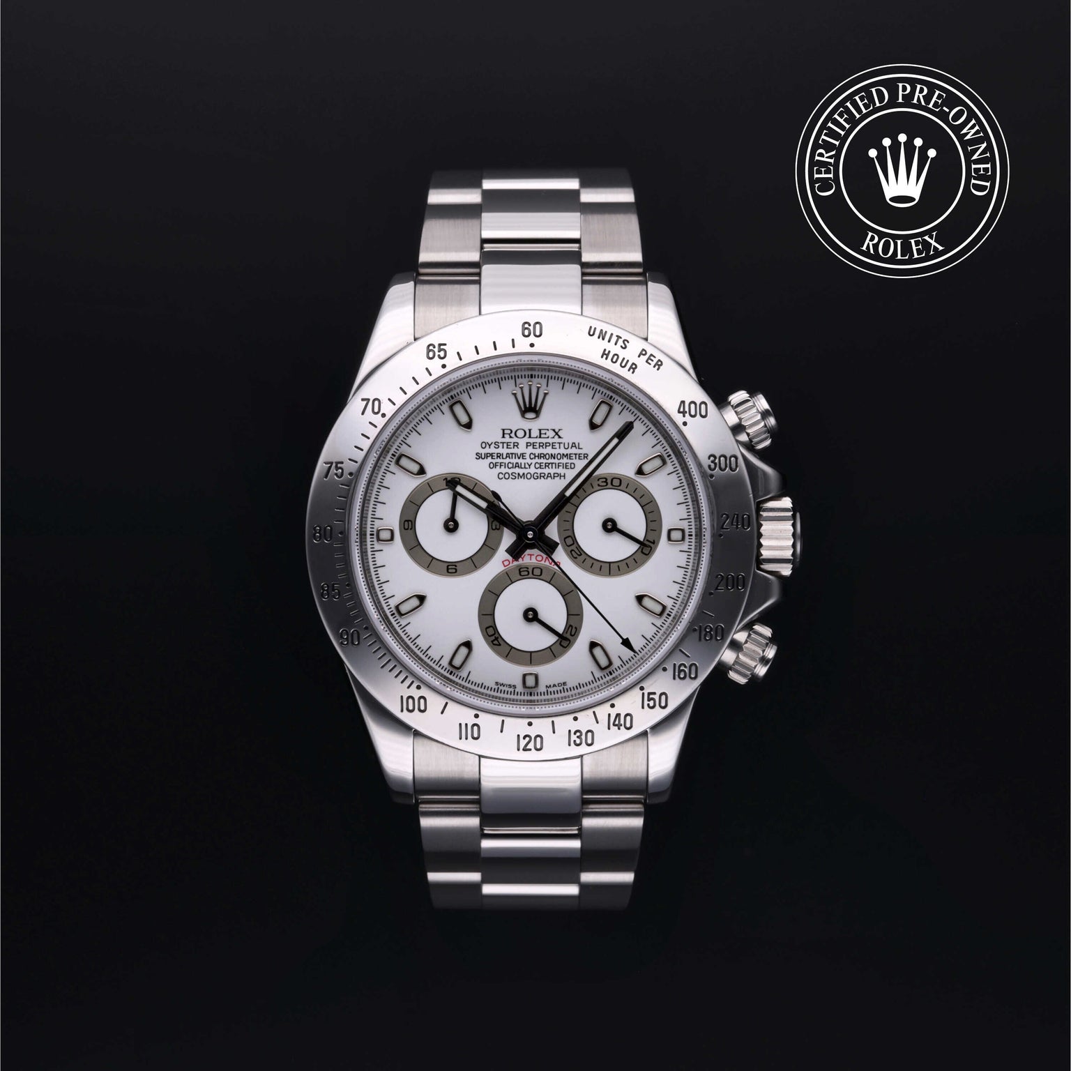 Rolex Certified Pre-owned Daytona M116520-0012 front on black background