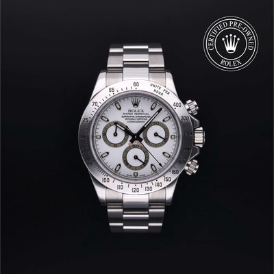 Rolex Certified Pre-owned Daytona M116520-0012 front on black background