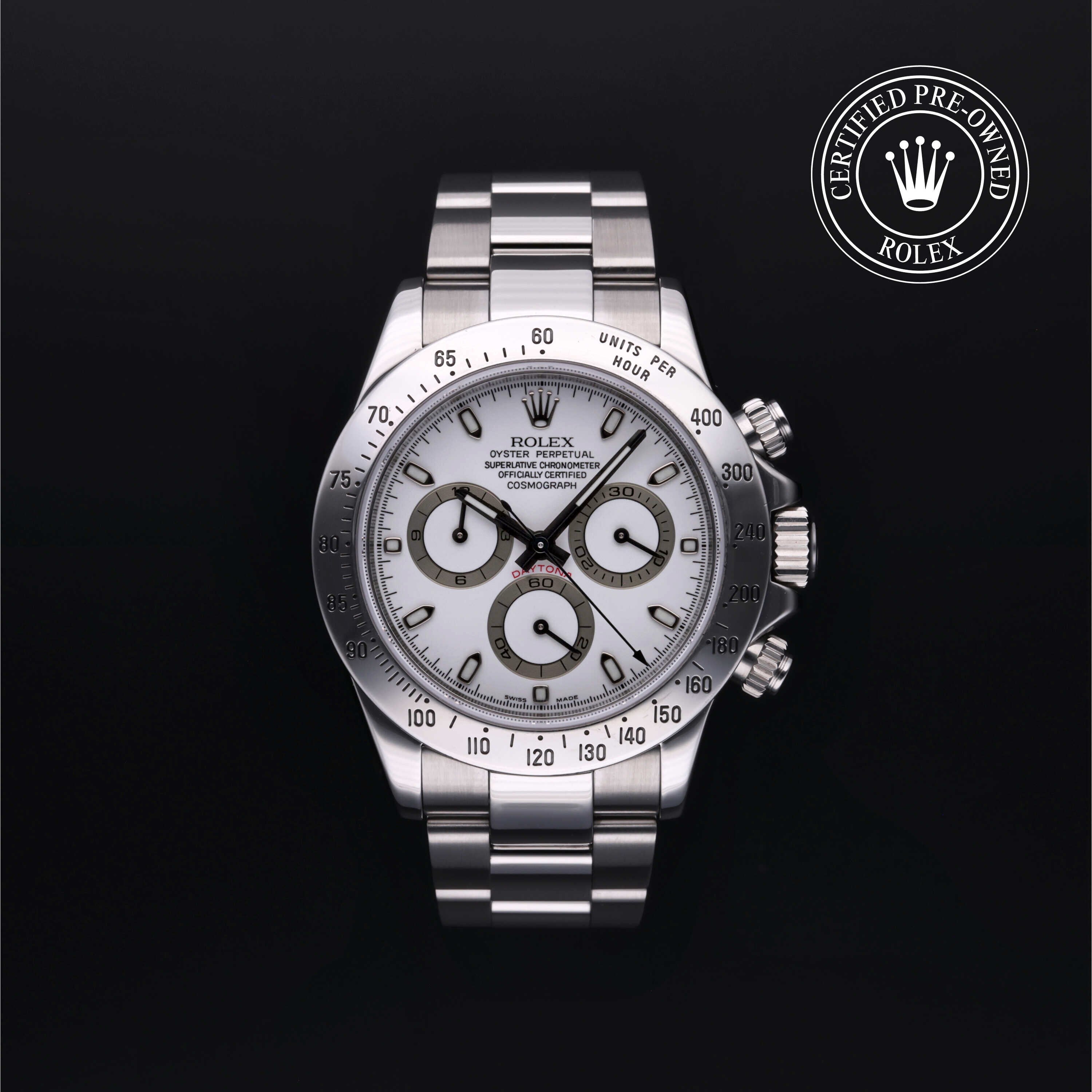 Rolex Certified Pre-owned Daytona M116520-0012 front on black background