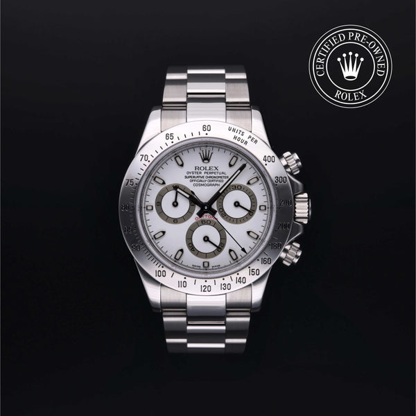 Rolex Certified Pre-owned Daytona M116520-0012 front on black background