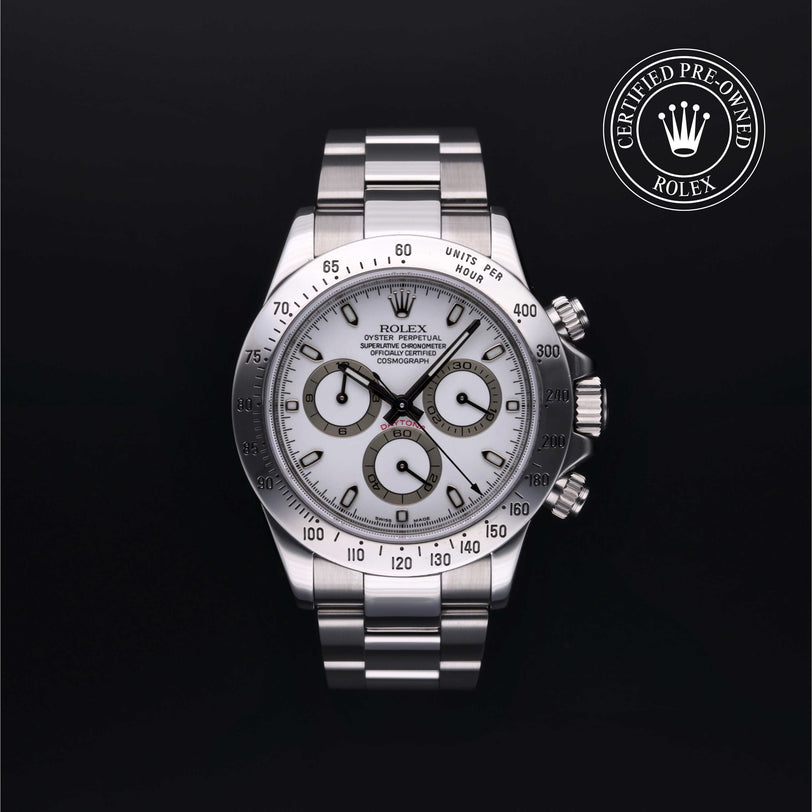 Rolex Certified Pre-owned Daytona M116520-0012 front on black background