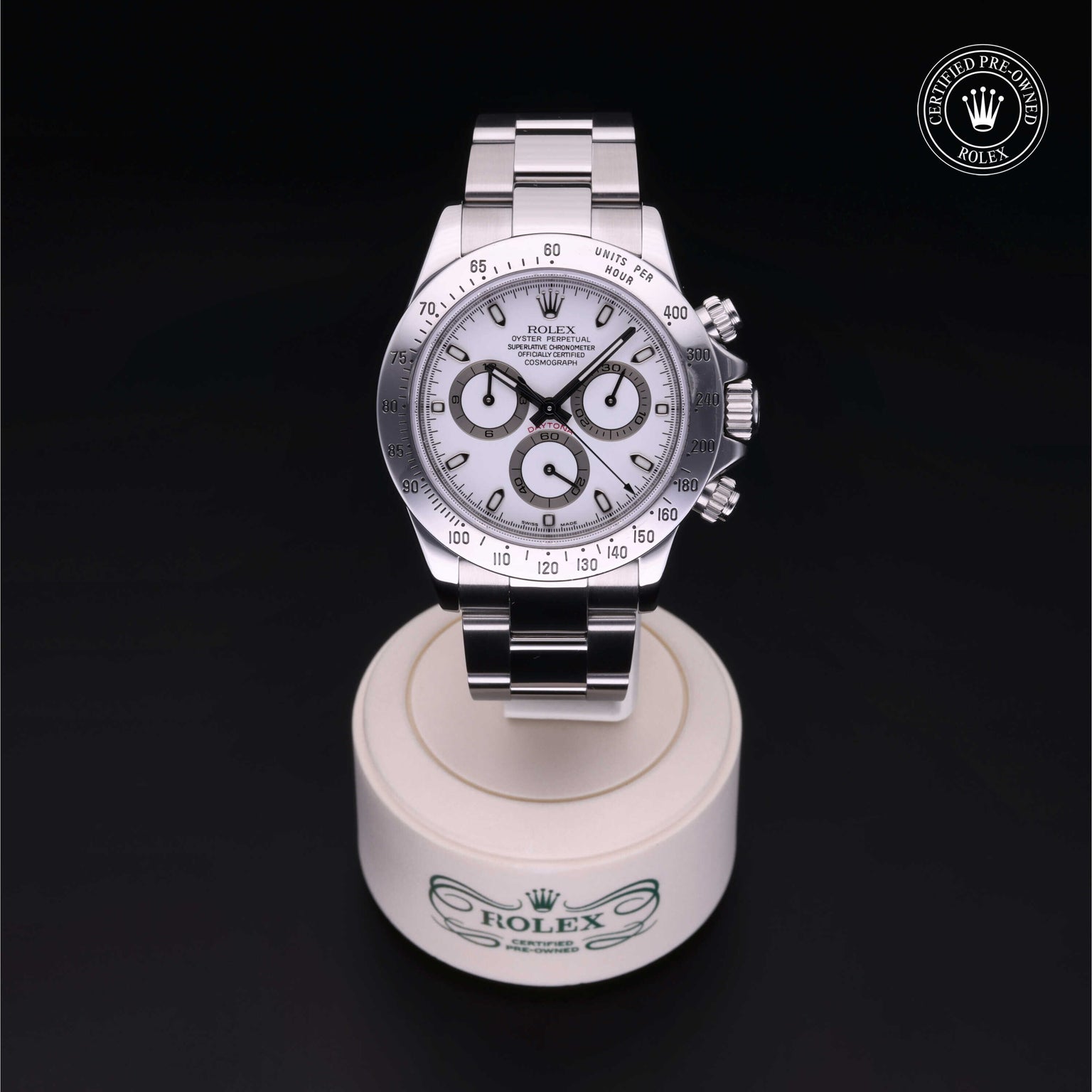 Rolex Certified Pre-owned Daytona M116520-0012 front on black background