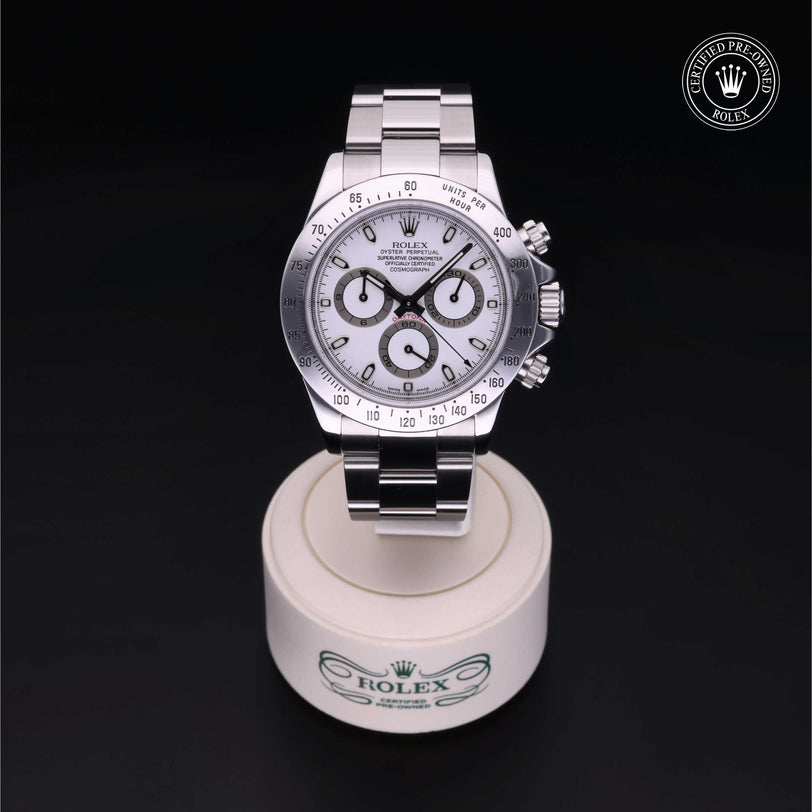 Rolex Certified Pre-owned Daytona M116520-0012 front on black background