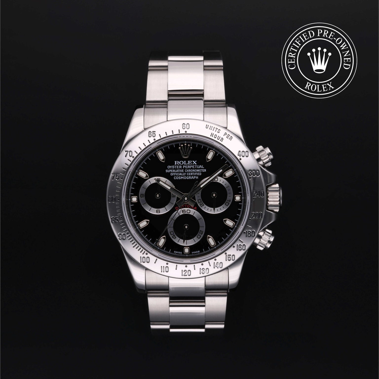 Rolex Certified Pre-owned Daytona M116520-0015 front on black background