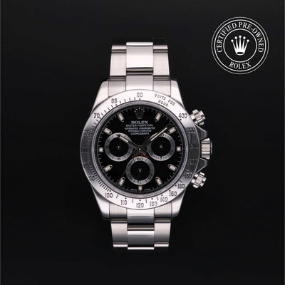 Rolex Certified Pre-owned Daytona M116520-0015 front on black background