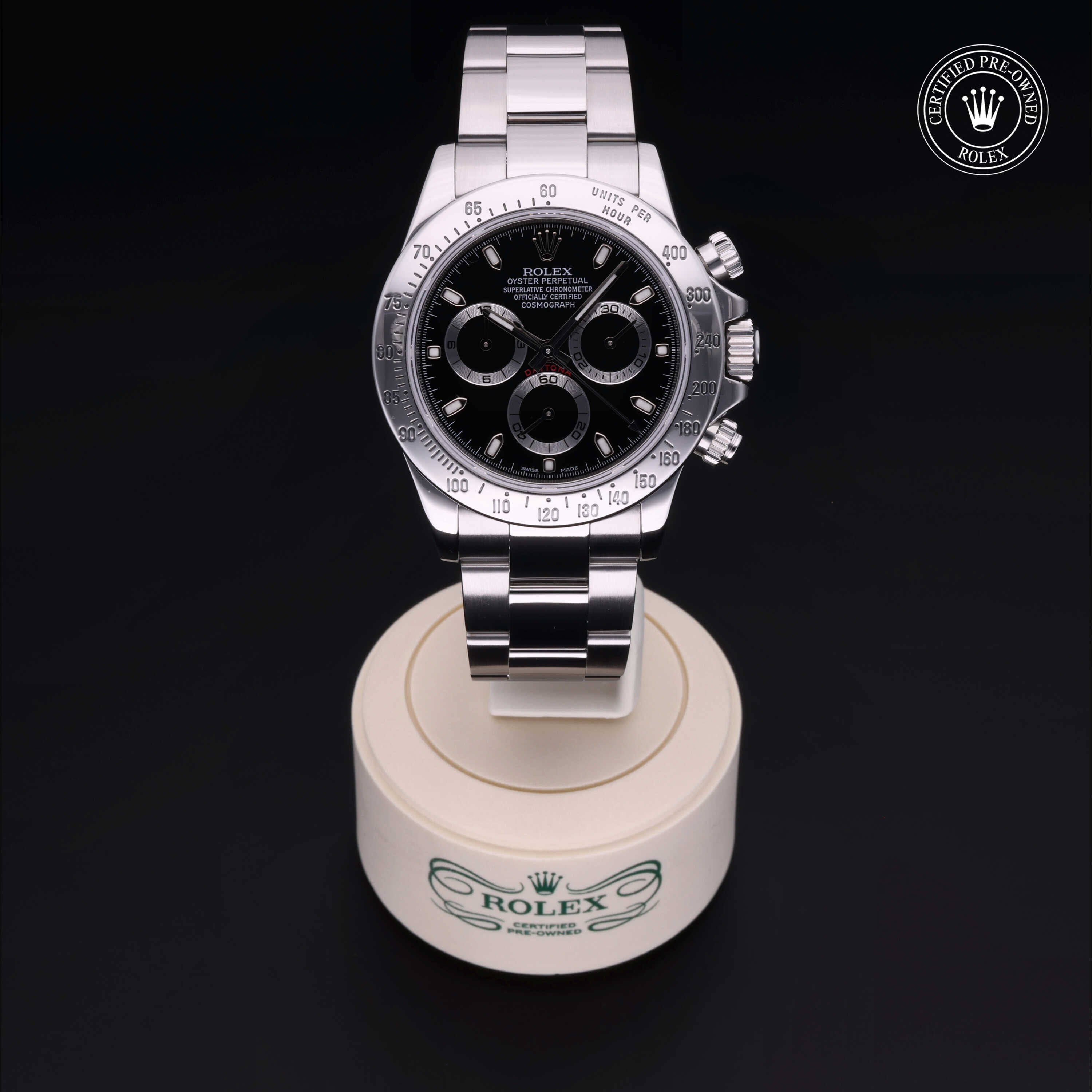 Rolex Certified Pre-owned Daytona M116520-0015 front on black background