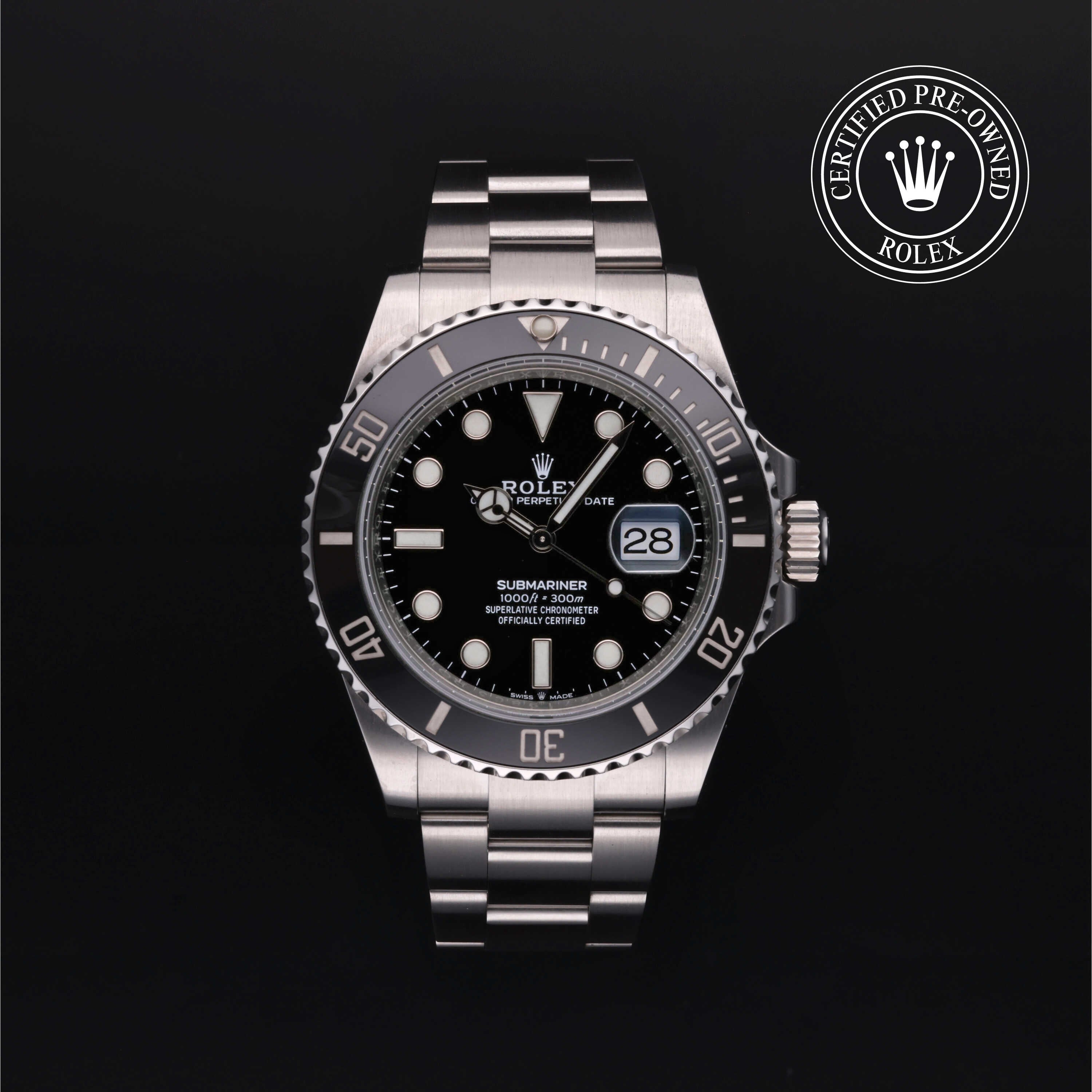 Rolex Certified Pre-owned Submariner M126610LN-0001 front on black background