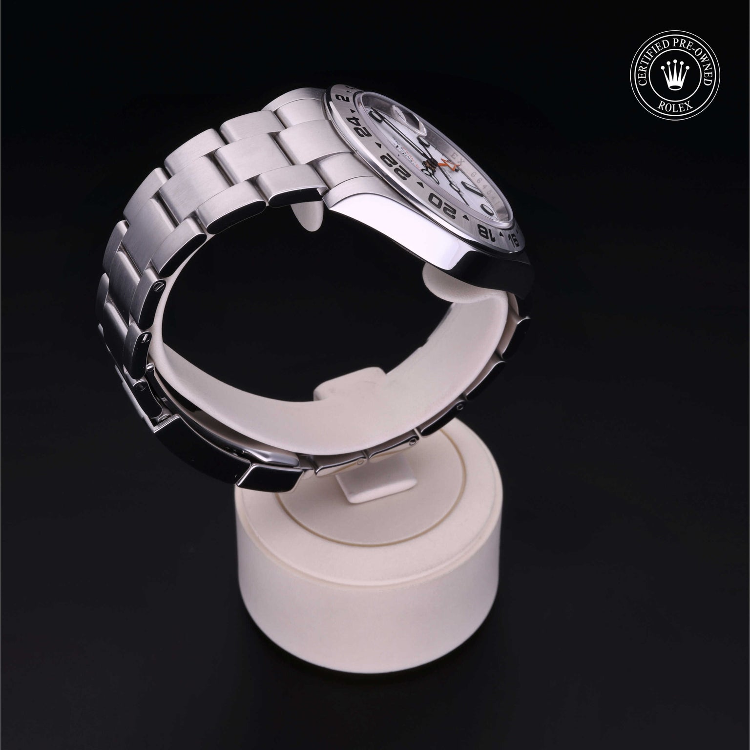 Rolex Certified Pre-owned Explorer M216570-0001 front on black background