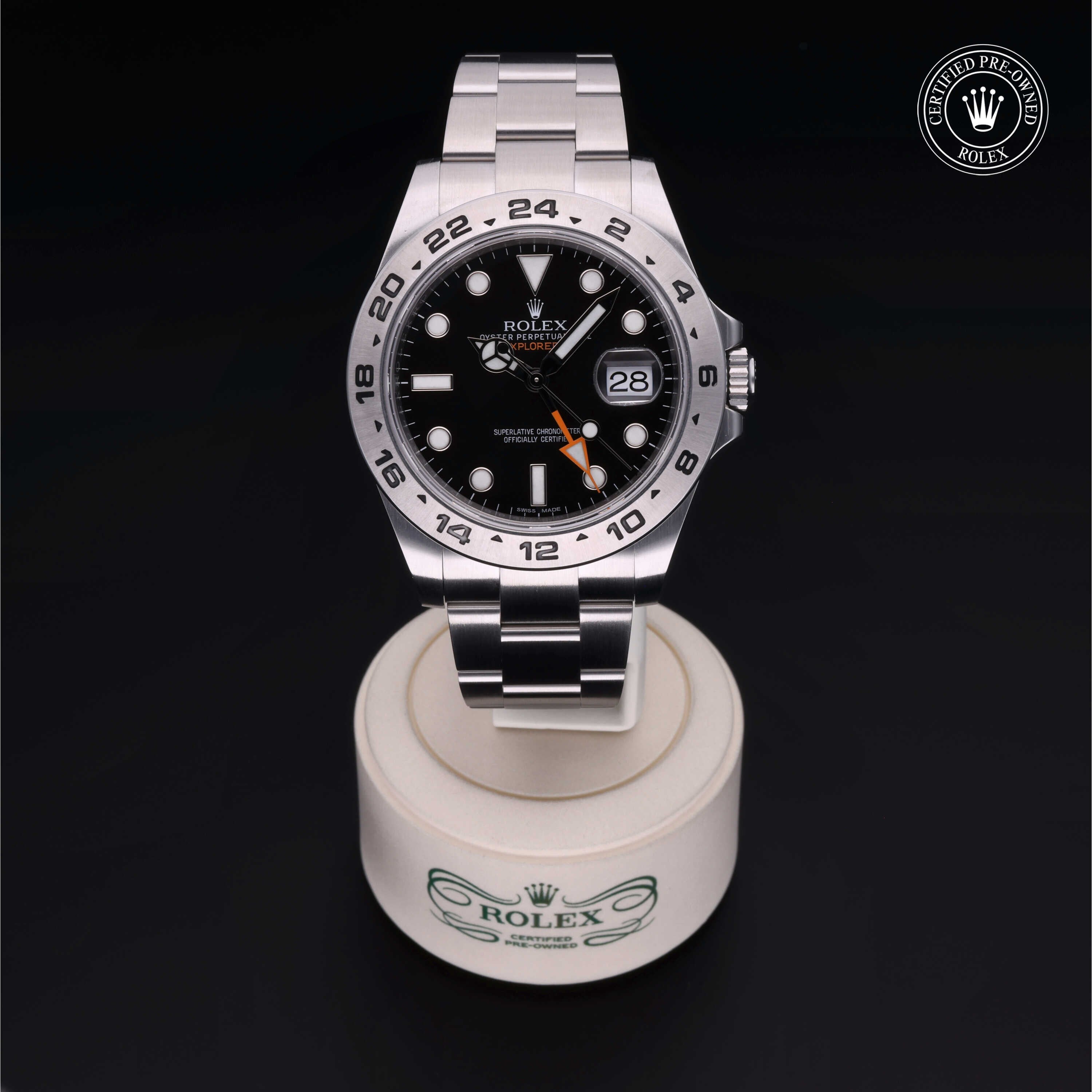 Rolex Certified Pre-owned Explorer M216570-0002 front on black background