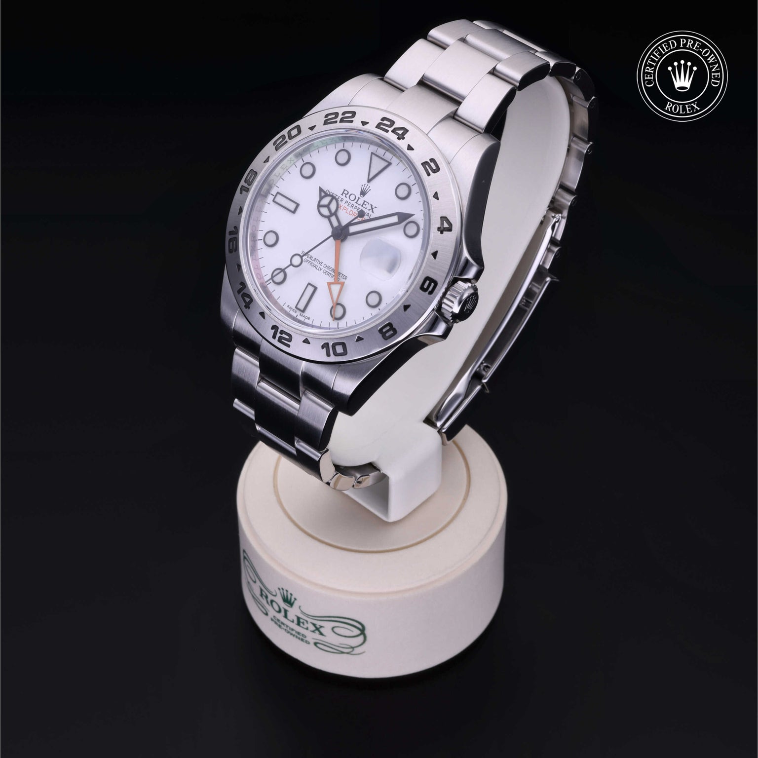 Rolex Certified Pre-owned Explorer M216570-0001 front on black background