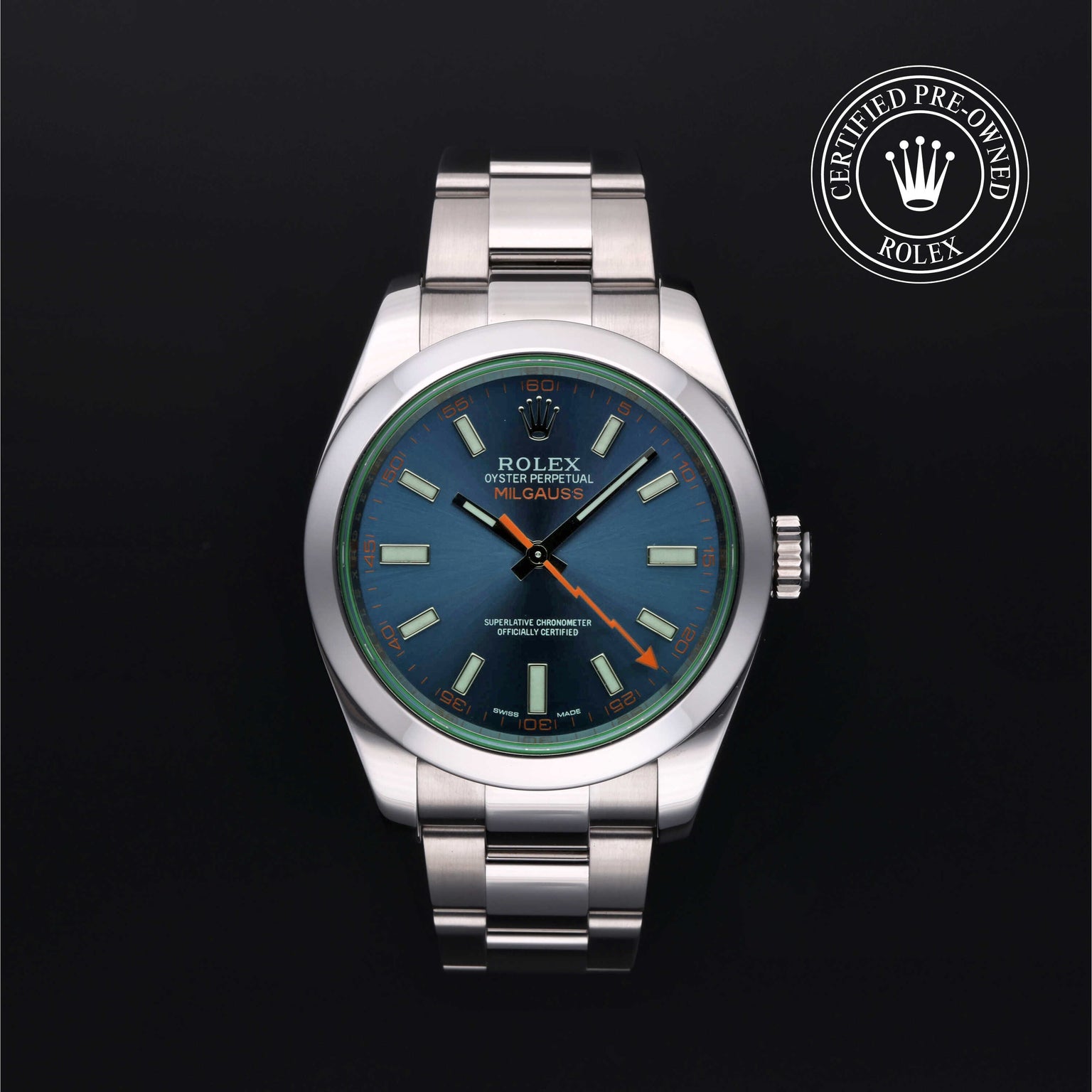Rolex Certified Pre-owned Milgauss M116400GV-0002 front on black background