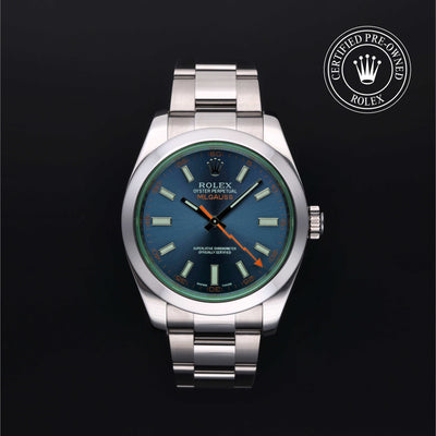 Rolex Certified Pre-owned Milgauss M116400GV-0002 front on black background