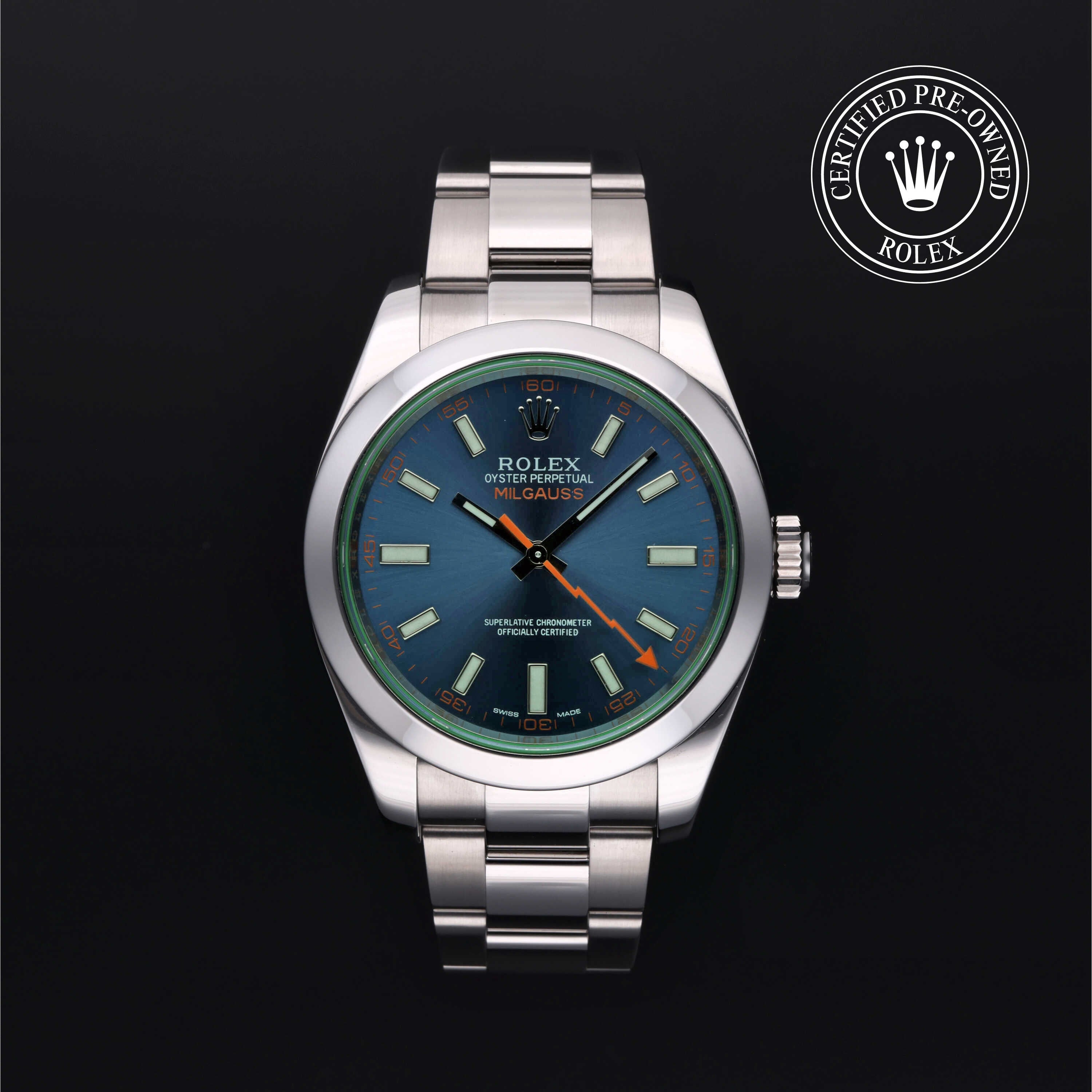 Rolex Certified Pre-owned Milgauss M116400GV-0002 front on black background