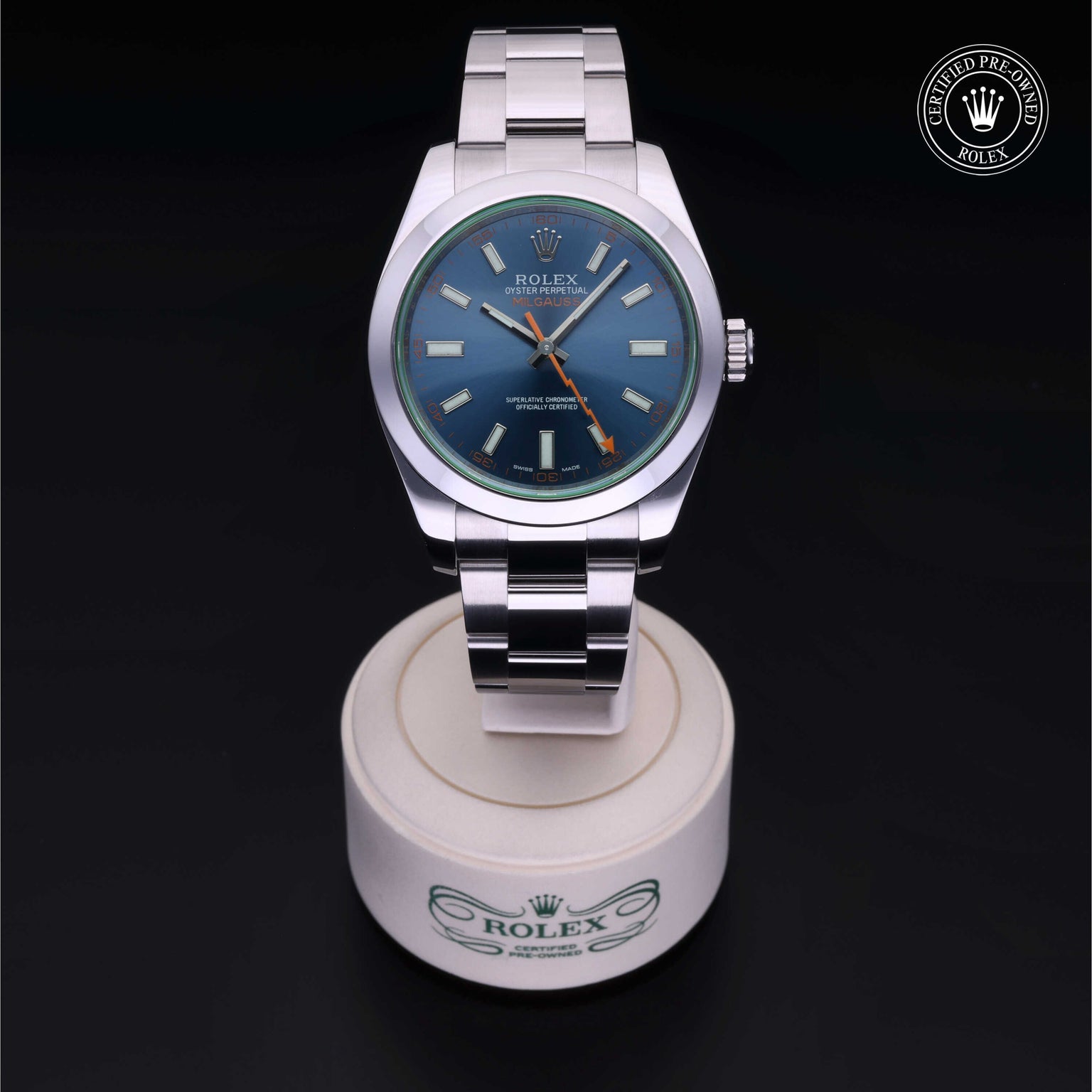 Rolex Certified Pre-owned Milgauss M116400GV-0002 front on black background