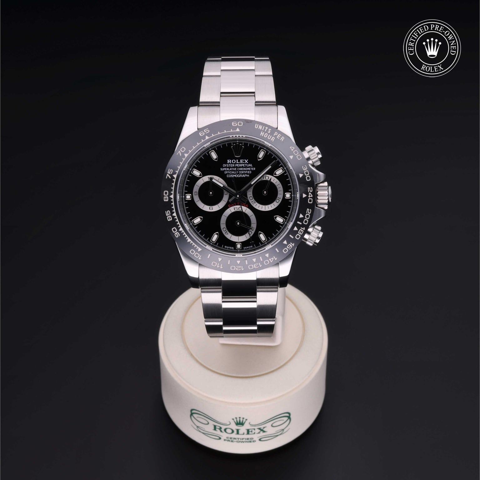 Rolex Certified Pre-owned Daytona M116500LN-0002 front on black background