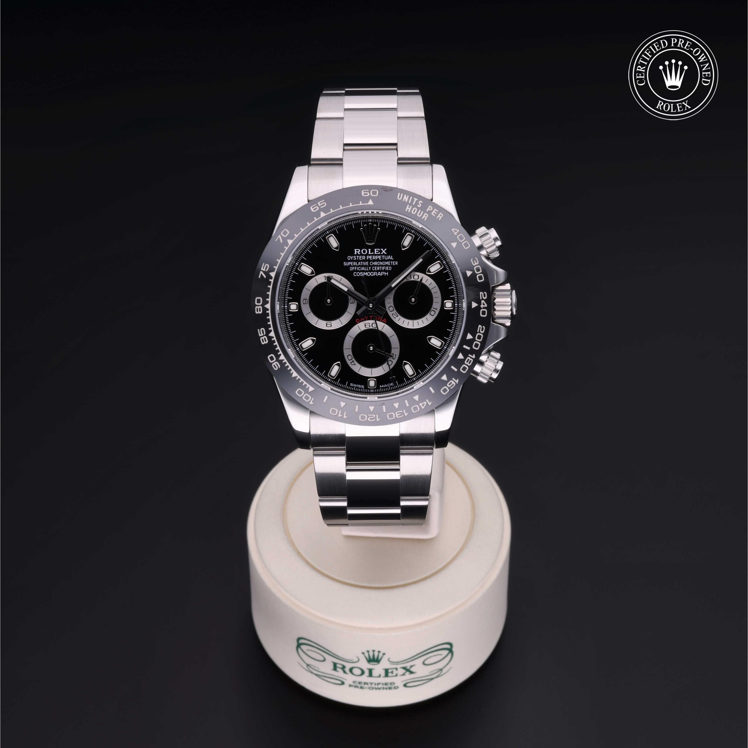 Rolex Certified Pre-owned Daytona M116500LN-0002 front on black background
