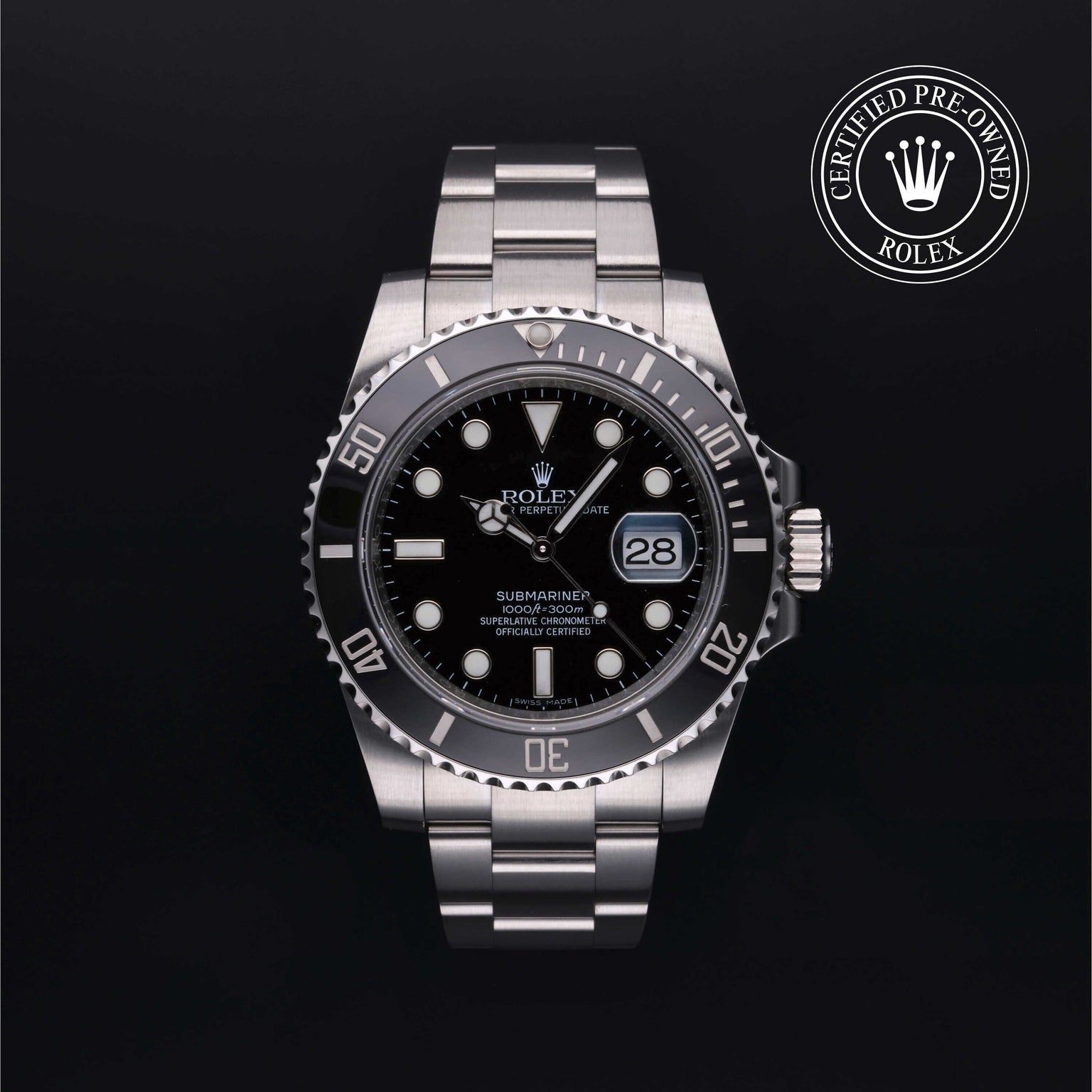 Rolex Certified Pre-owned Submariner Date M116610LN-0001 front on black background