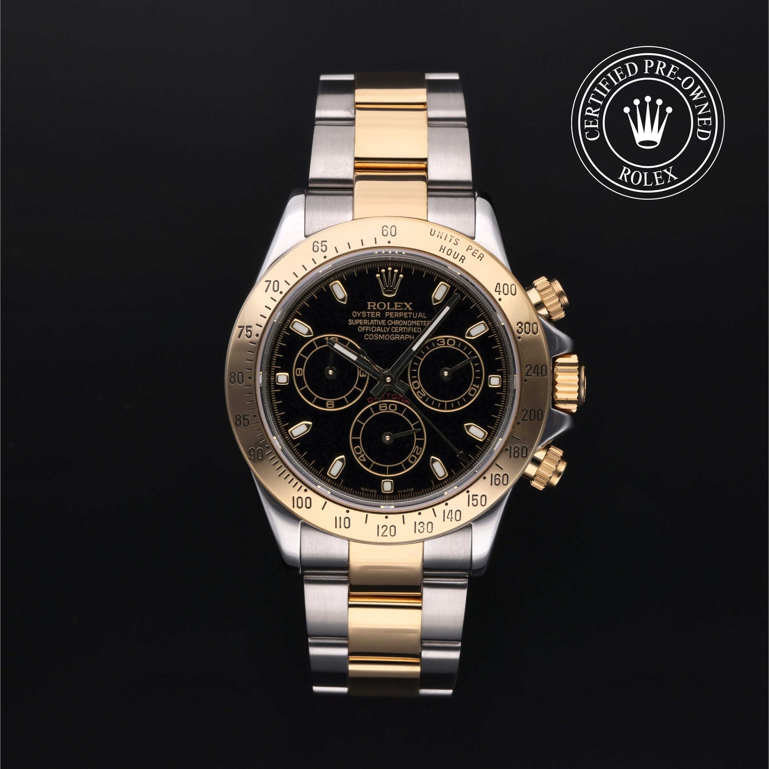 Rolex Certified Pre-owned Daytona M116523-0028 front on black background