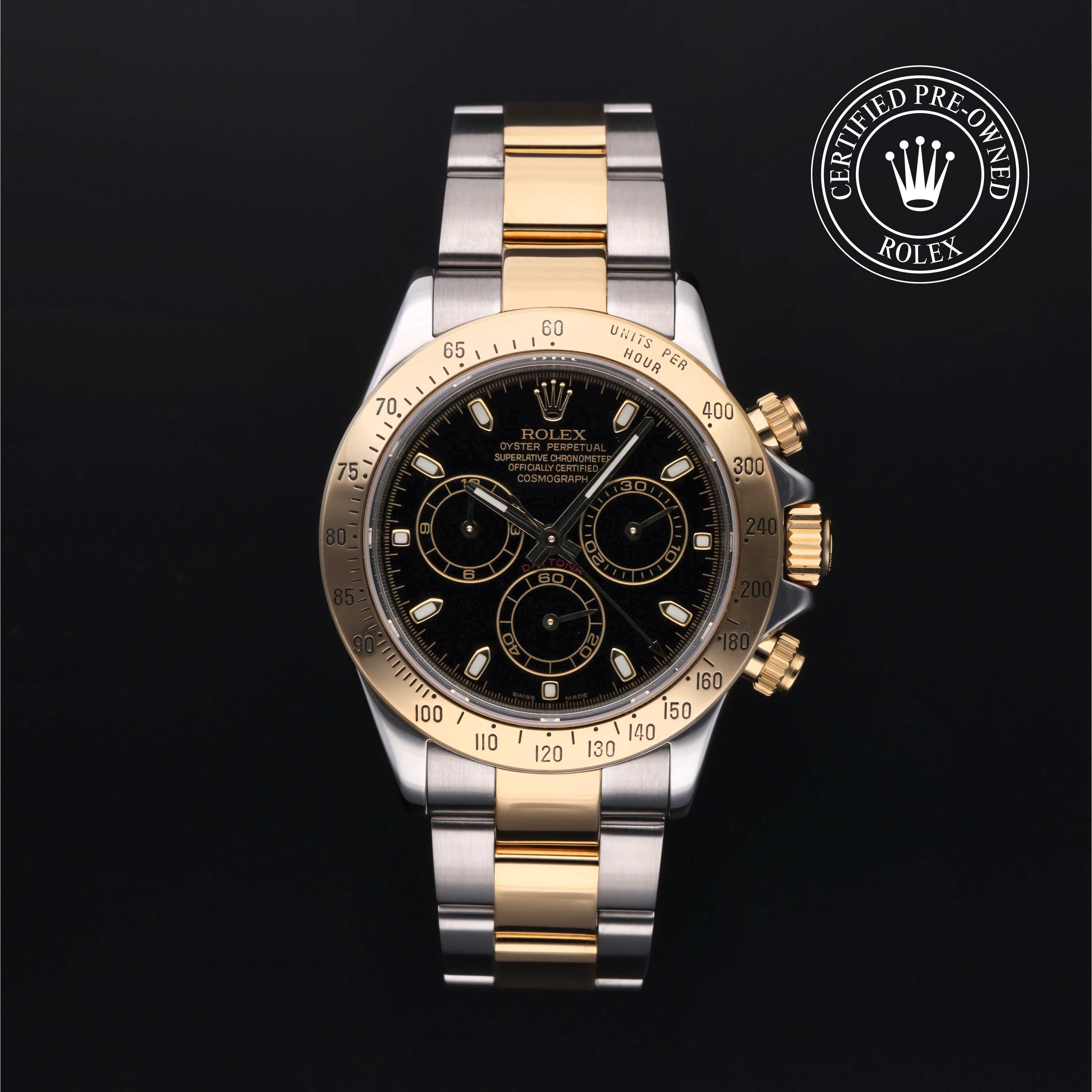 Rolex Certified Pre-owned Daytona M116523-0028 front on black background