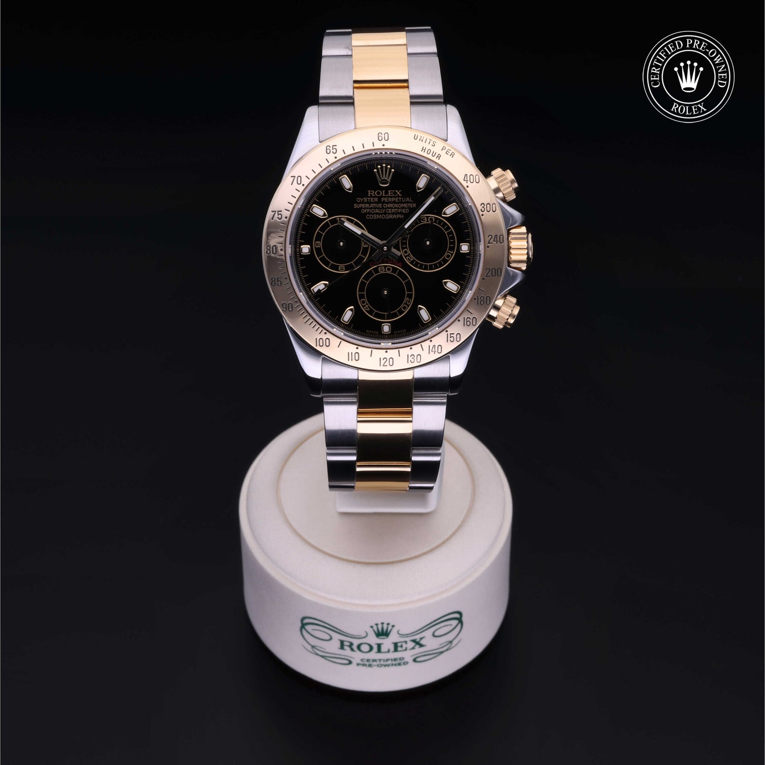 Rolex Certified Pre-owned Daytona M116523-0028 front on black background