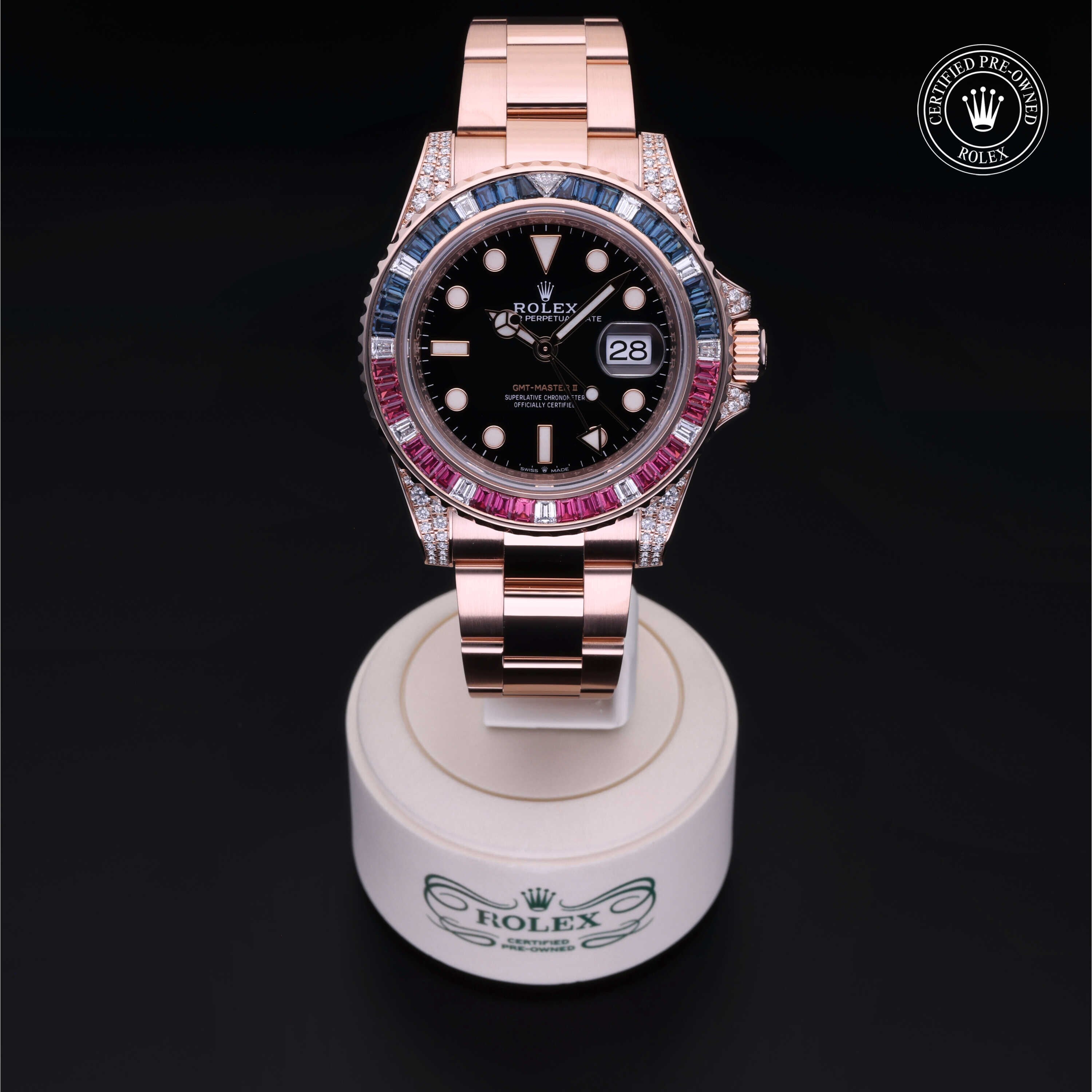 Rolex Certified Pre-owned GMT M126755SARU-0003 front on black background