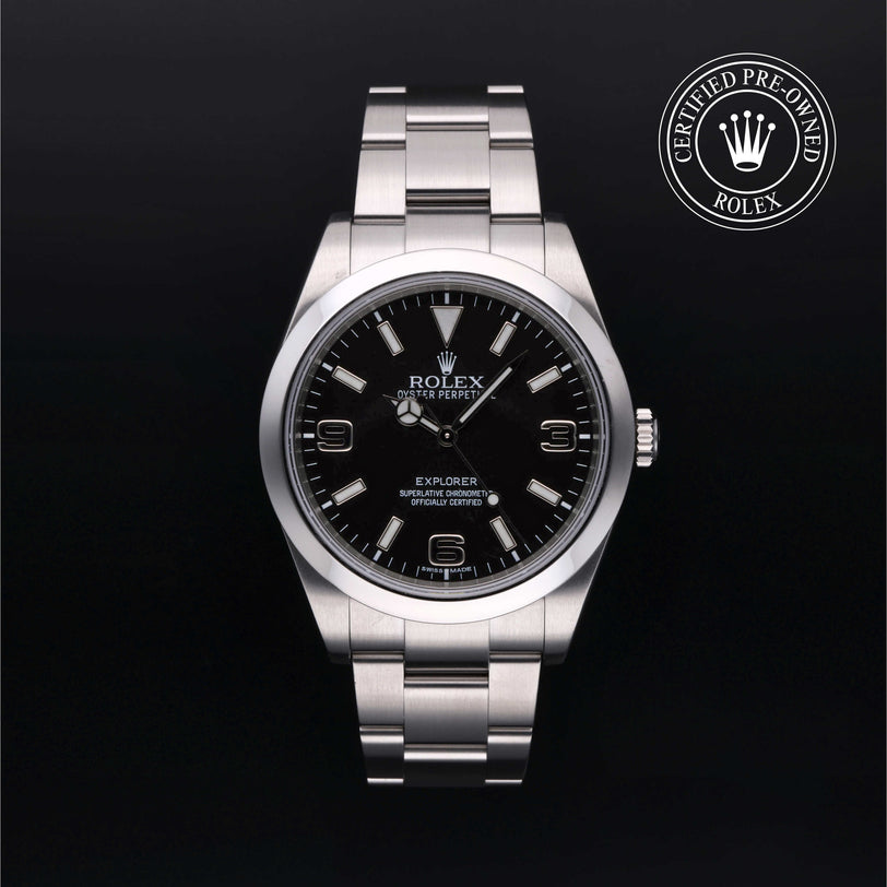 Rolex Certified Pre-owned Explorer M214270-0001 front on black background