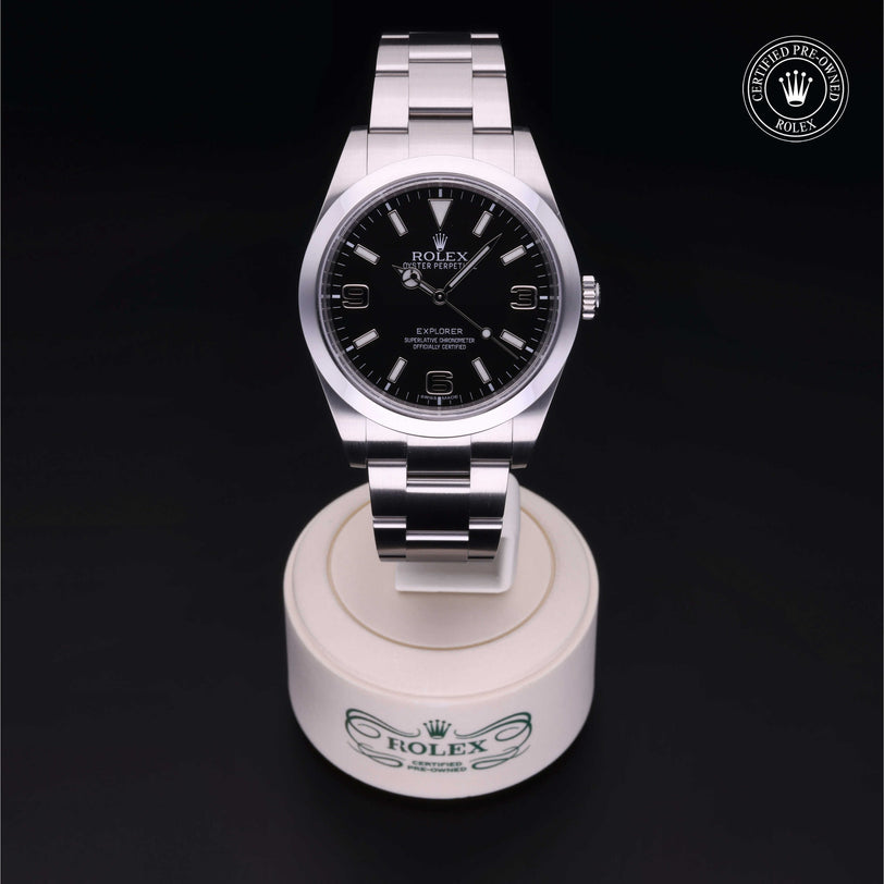 Rolex Certified Pre-owned Explorer M214270-0001 front on black background
