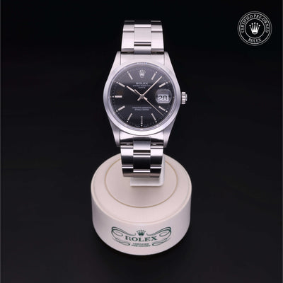 Rolex Certified Pre-owned Date M15200-0009 front on black background