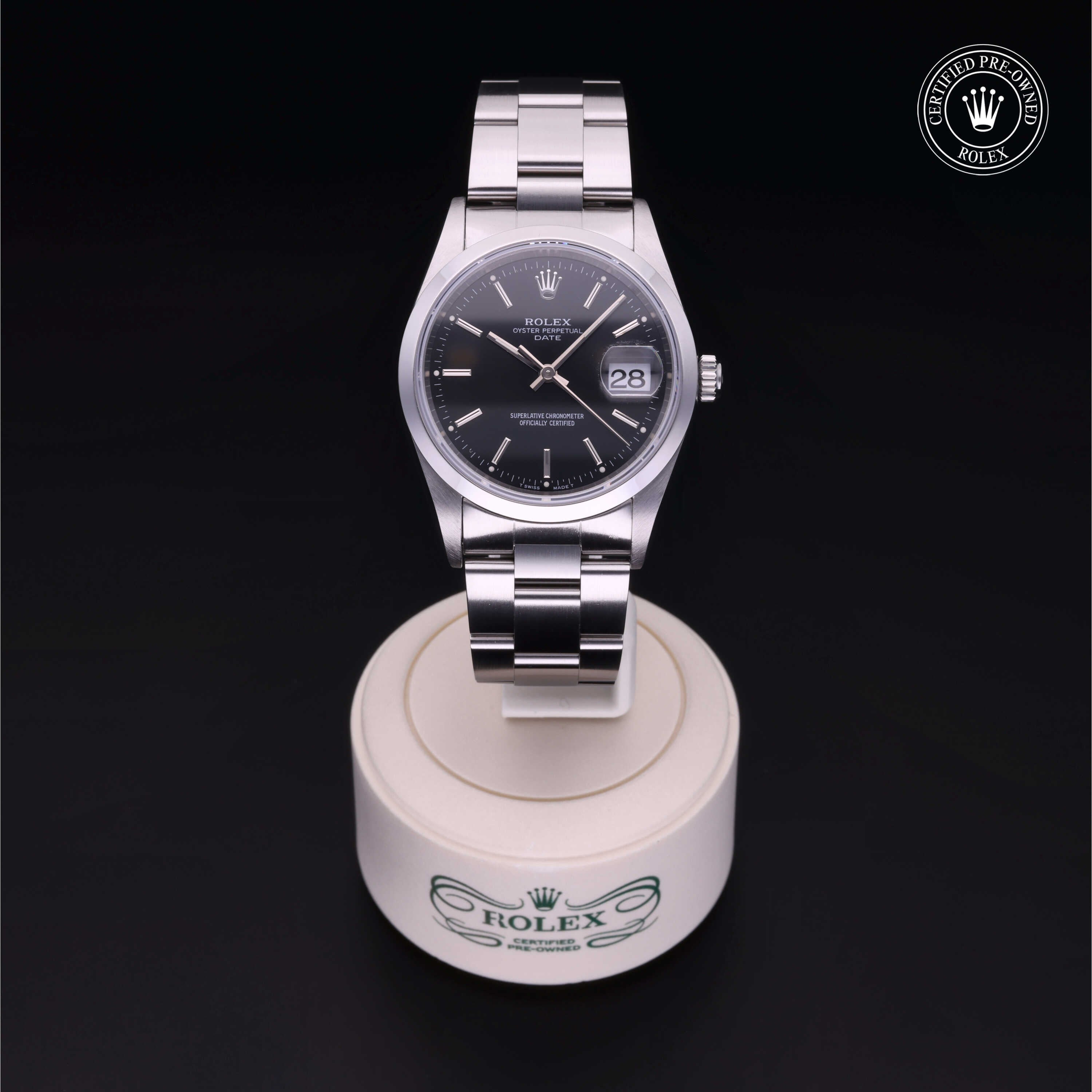 Rolex Certified Pre-owned Date M15200-0009 front on black background