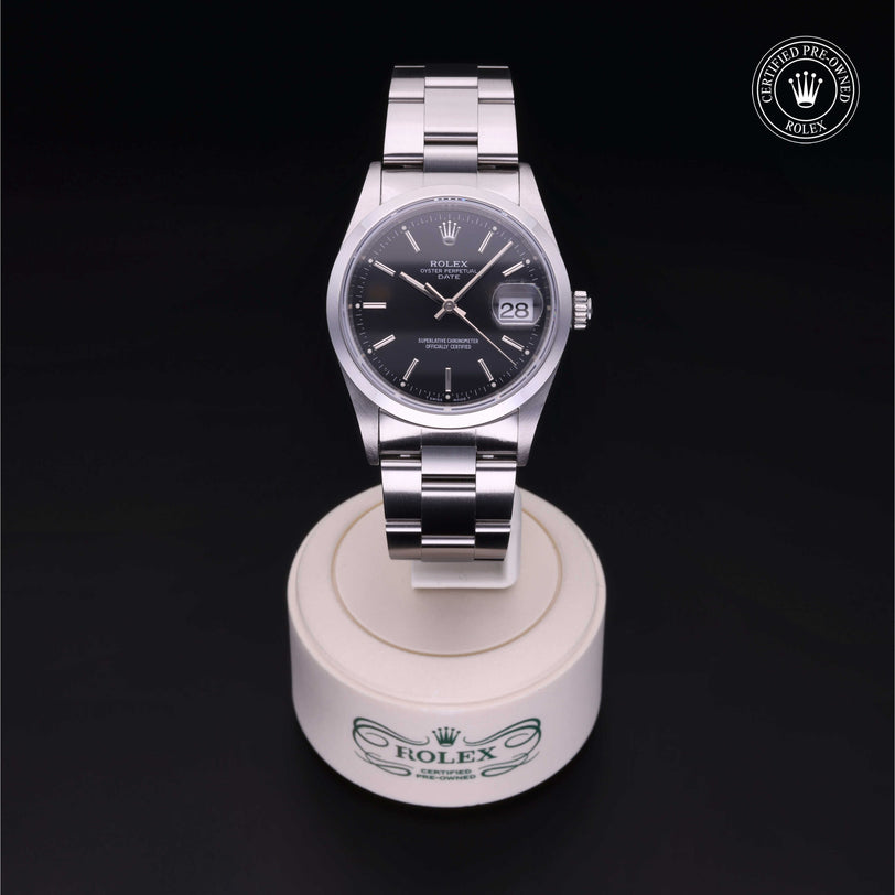Rolex Certified Pre-owned Date M15200-0009 front on black background