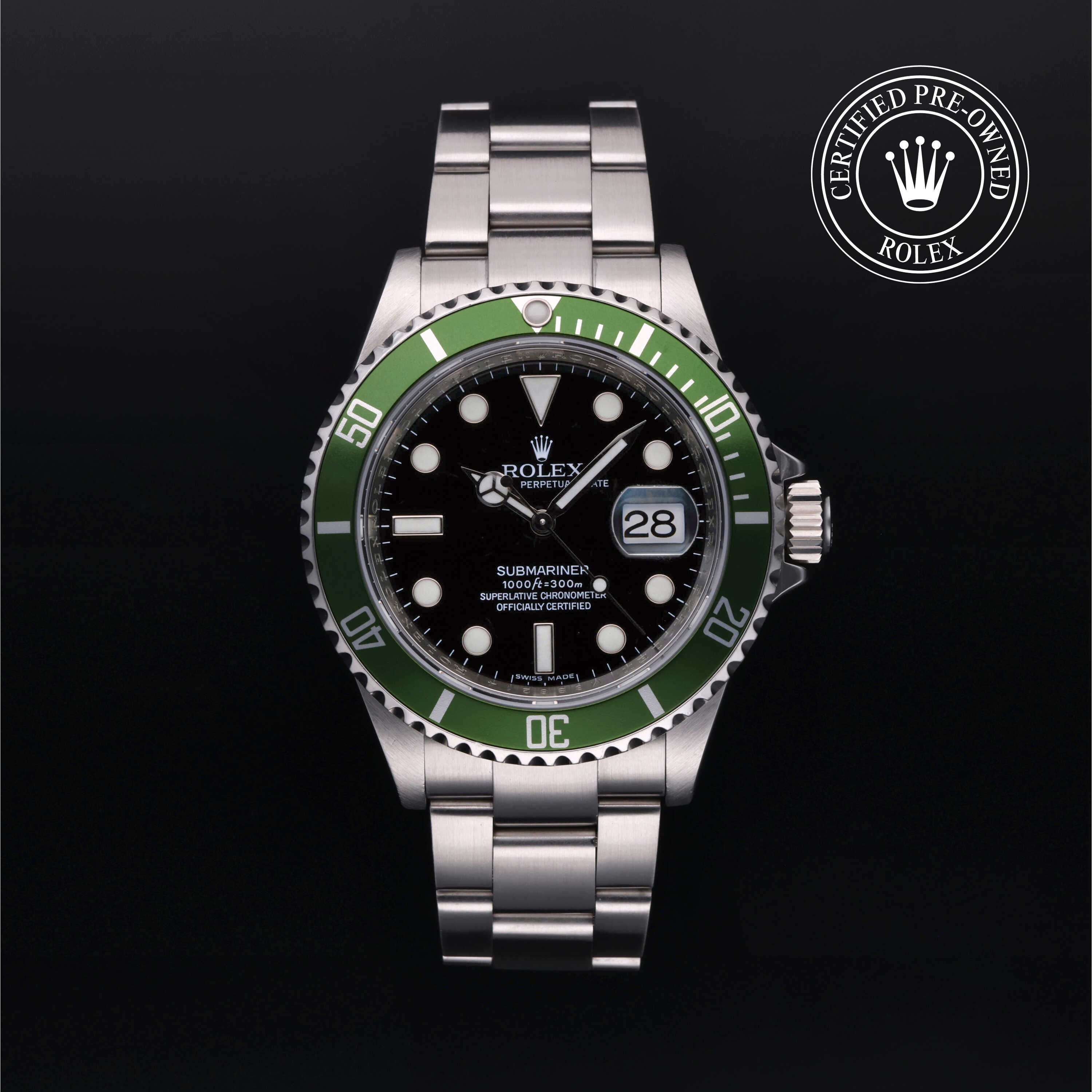 Rolex Certified Pre-owned Submariner M16610LV-0002 front on black background