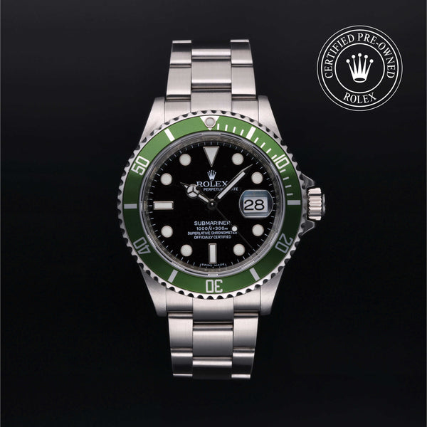 Rolex Certified Pre-owned Submariner M16610LV-0002 front on black background