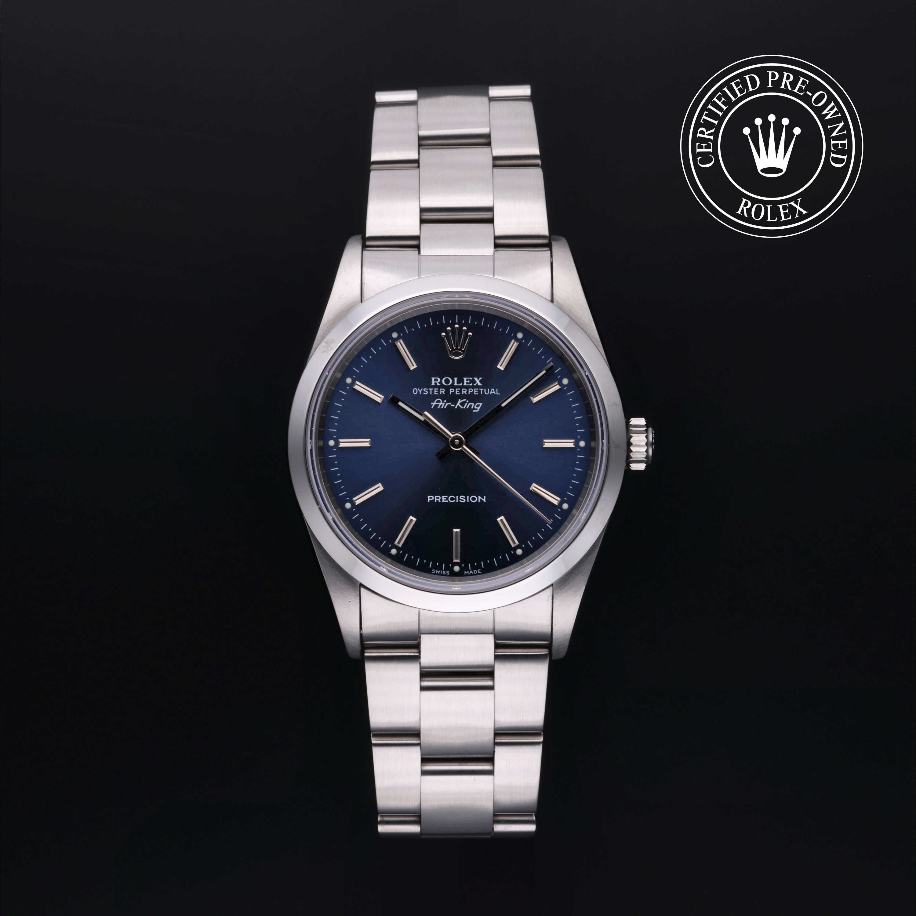 Rolex Certified Pre-owned Air-King M14000-0001 front on black background